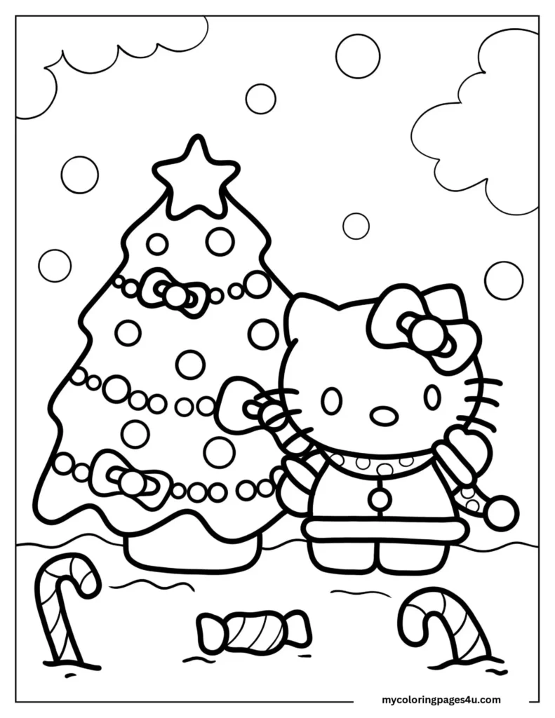 Christmas Themed Hello Kitty Coloring Sheet