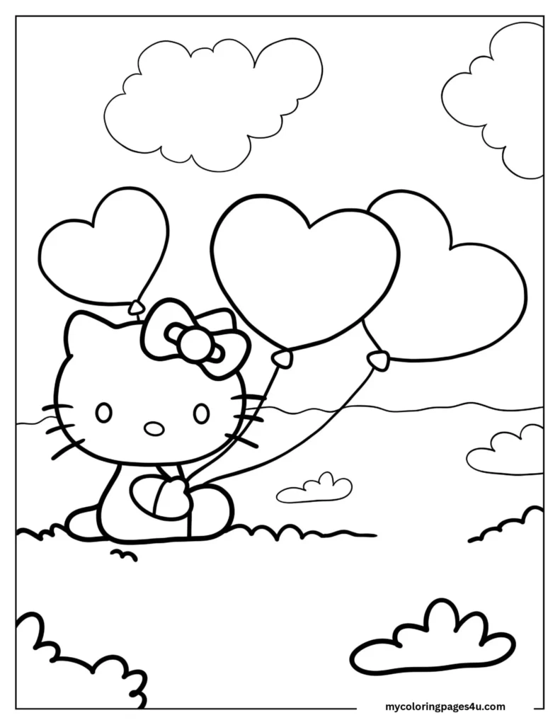 Coloring Sheet Of Hello Kitty Holding Heart Balloons