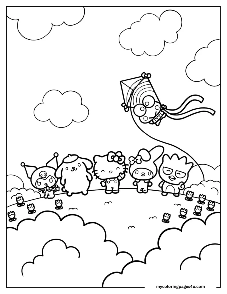 Coloring Sheet Of Hello Kitty Sanrio In A Field