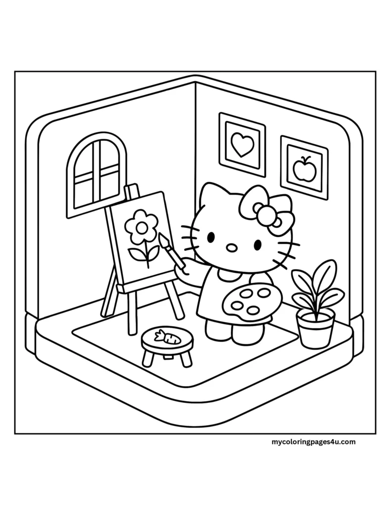 Cute Hello Kitty Painting At Home Coloring Page