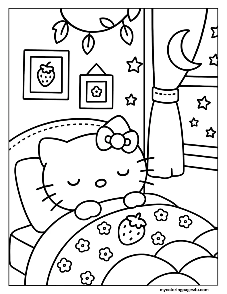 Cute Hello Kitty Sleeping In Bed Coloring Page
