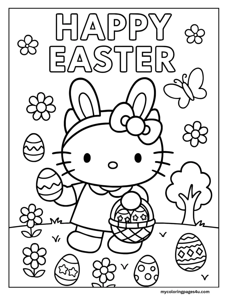 Happy Easter Hello Kitty Coloring Page