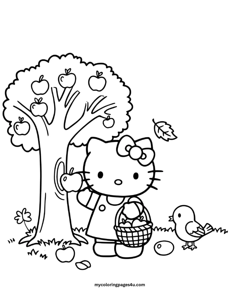 Hello Kitty Picking Apples Coloring Page