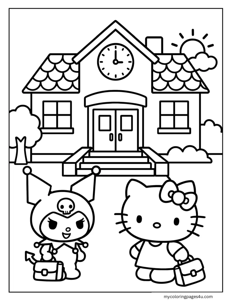 Hello Kitty And Kuromi Outside Their School Coloring Page