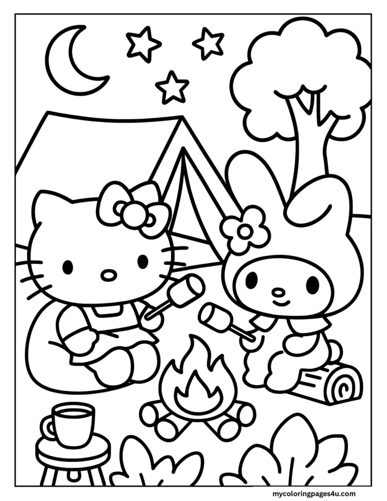Hello Kitty And My Melody Roasting Marshmallows Coloring Page