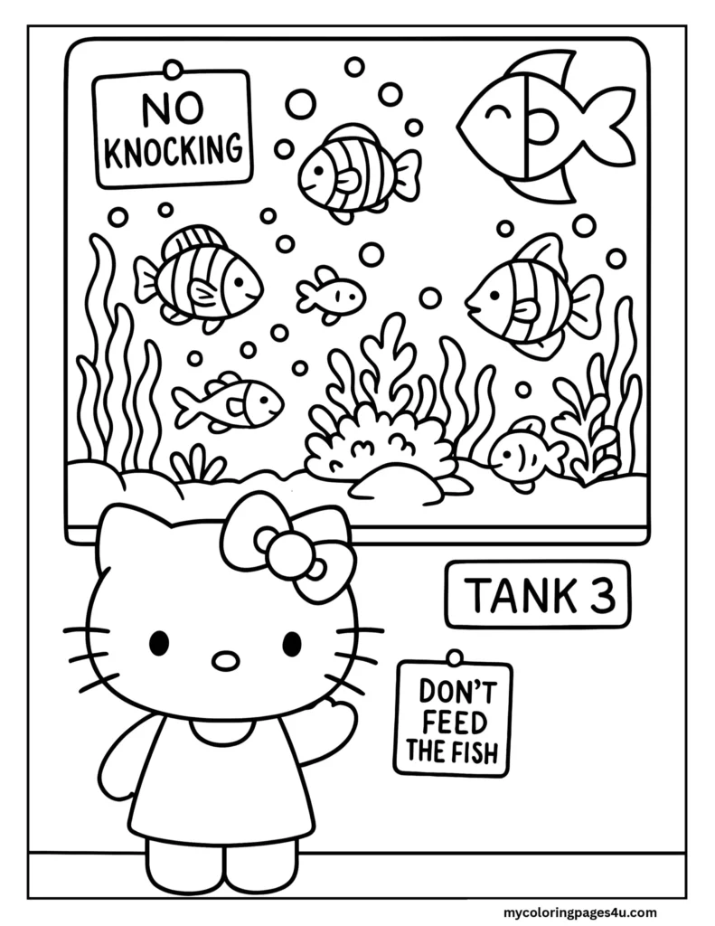 Hello Kitty At A Fish Tank Coloring Page