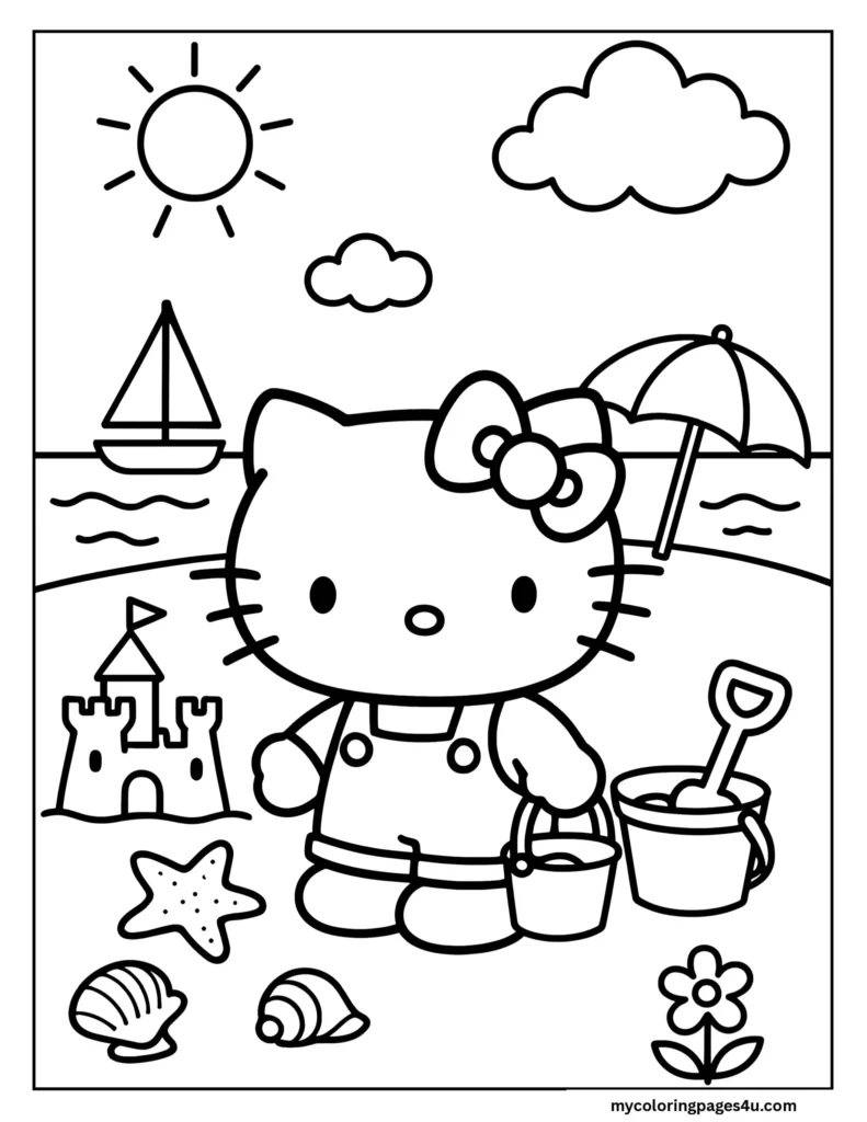 Hello Kitty At The Beach Building Sandcastles Coloring Page