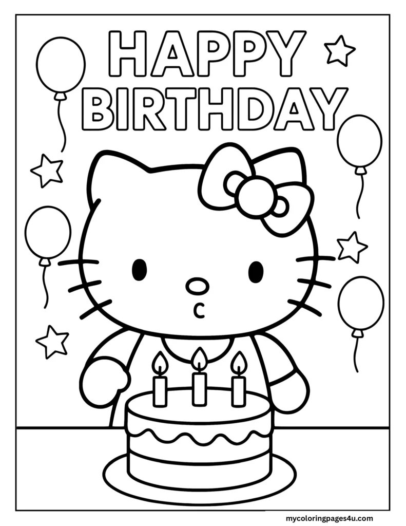 Hello Kitty birthday cake coloring page