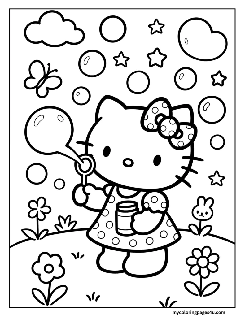 Hello Kitty Blowing Bubbles Coloring Page