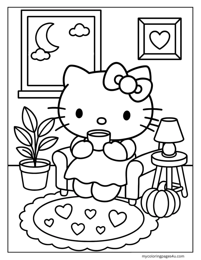 Hello Kitty Drinking Tea At Home Coloring Page