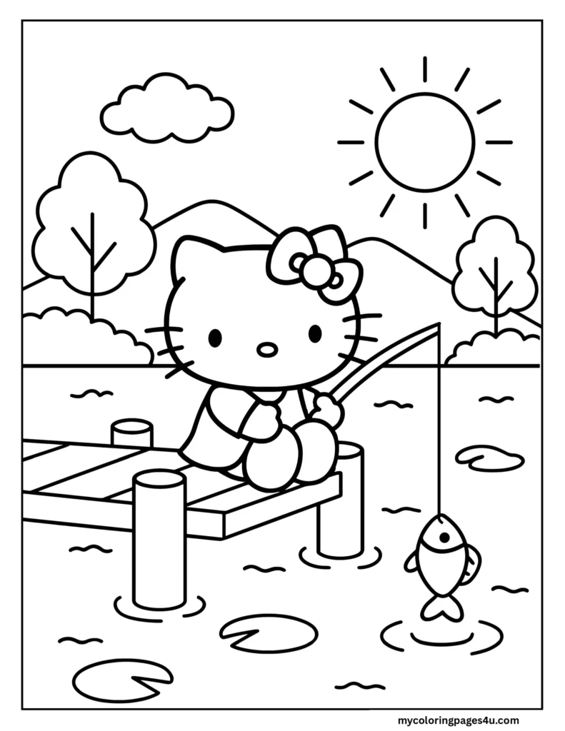 Hello Kitty Fishing Coloring Page