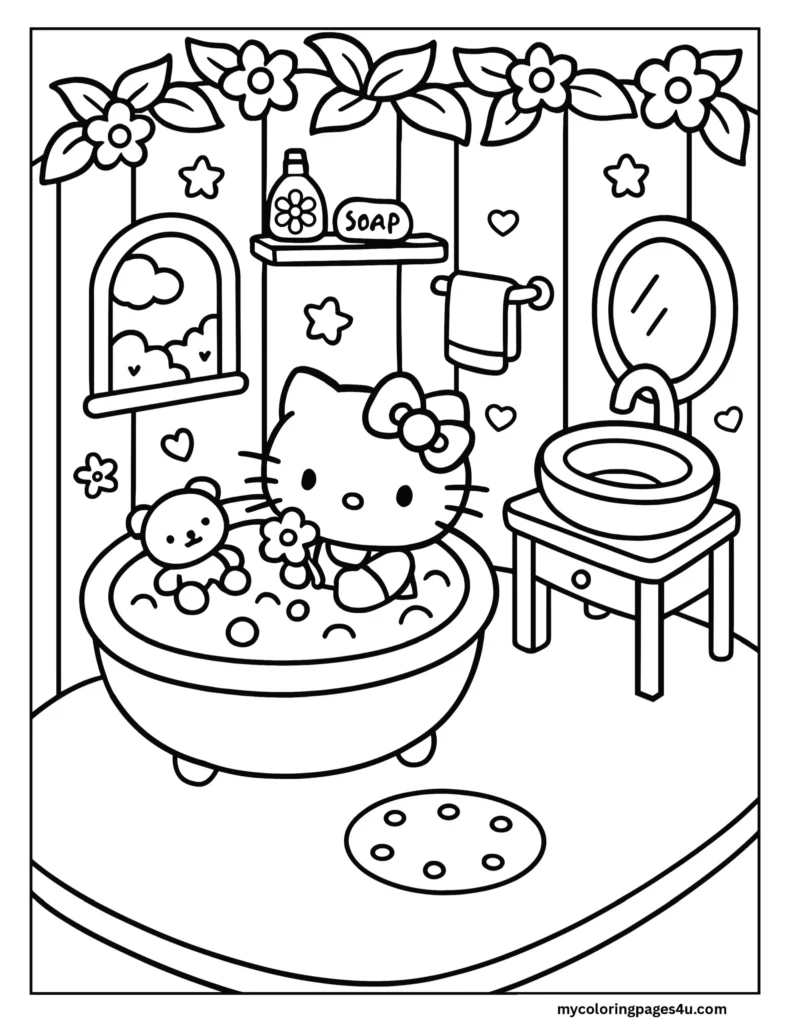 Hello Kitty Having A Bath Coloring Page