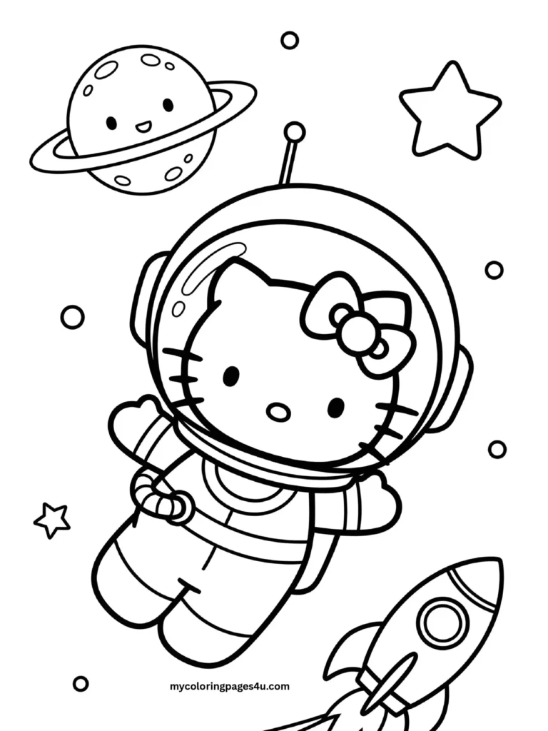 Fun Hello Kitty riding a bicycle coloring page for printable fun.