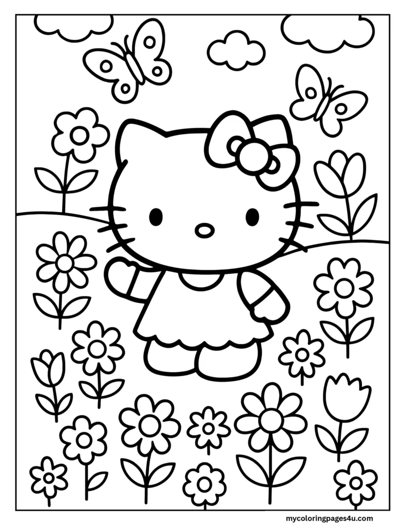 Cute Hello Kitty in a big flower coloring page for kids.