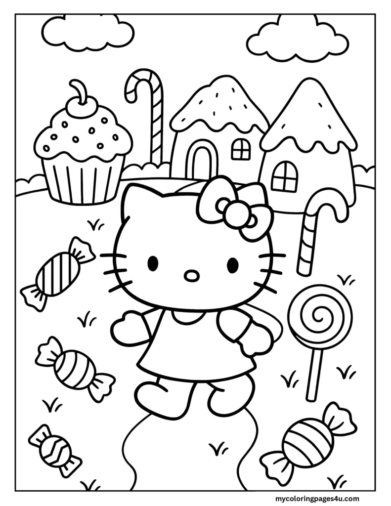 Hello Kitty In A Candy Land Coloring Page