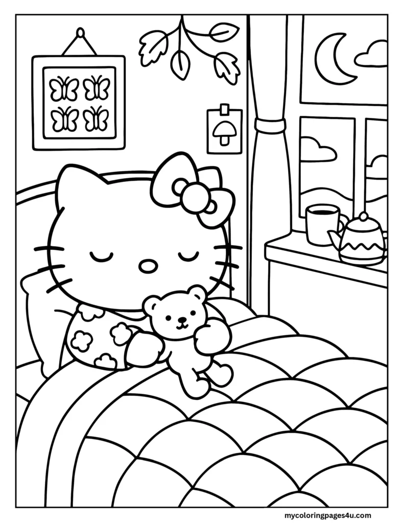 Hello Kitty In Bed With Her Teddy Coloring Page