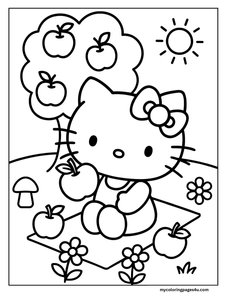Hello Kitty In Nature With An Apple Coloring Page