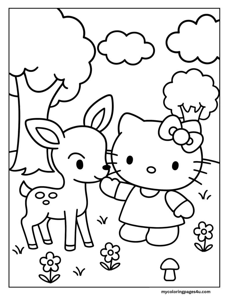 Hello Kitty Meets A Deer Coloring Page