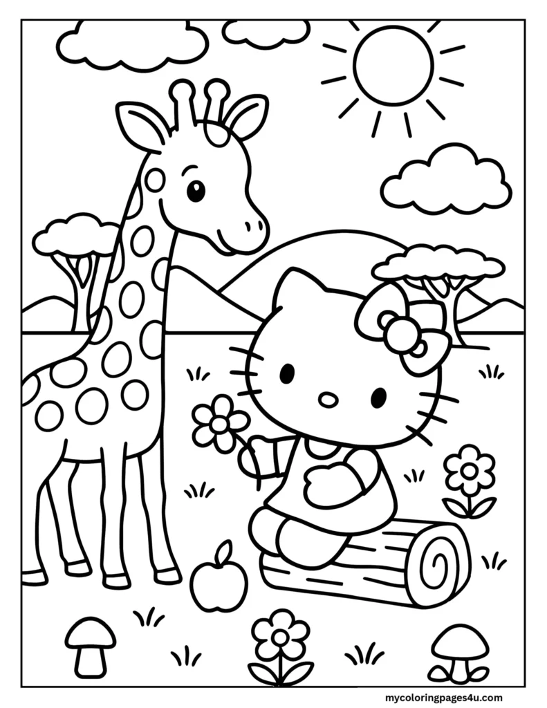 Hello Kitty Meets A Giraffe Coloring Page