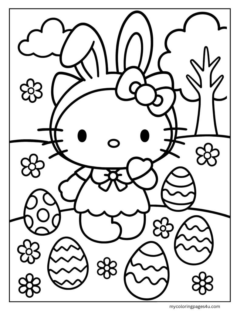 Hello Kitty On Easter Day Coloring Page