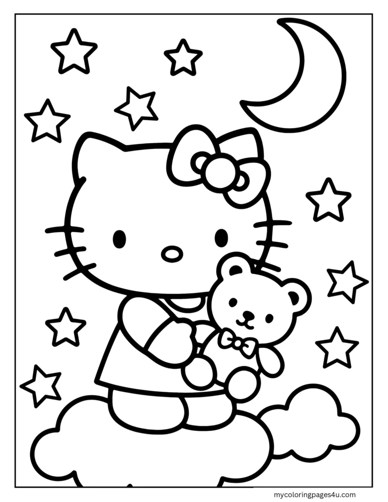 Hello Kitty In Bed With Her Teddy Coloring Page