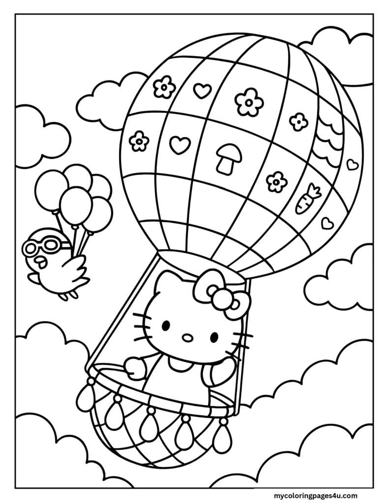 Hello Kitty On A Hot Air Balloon Coloring Page