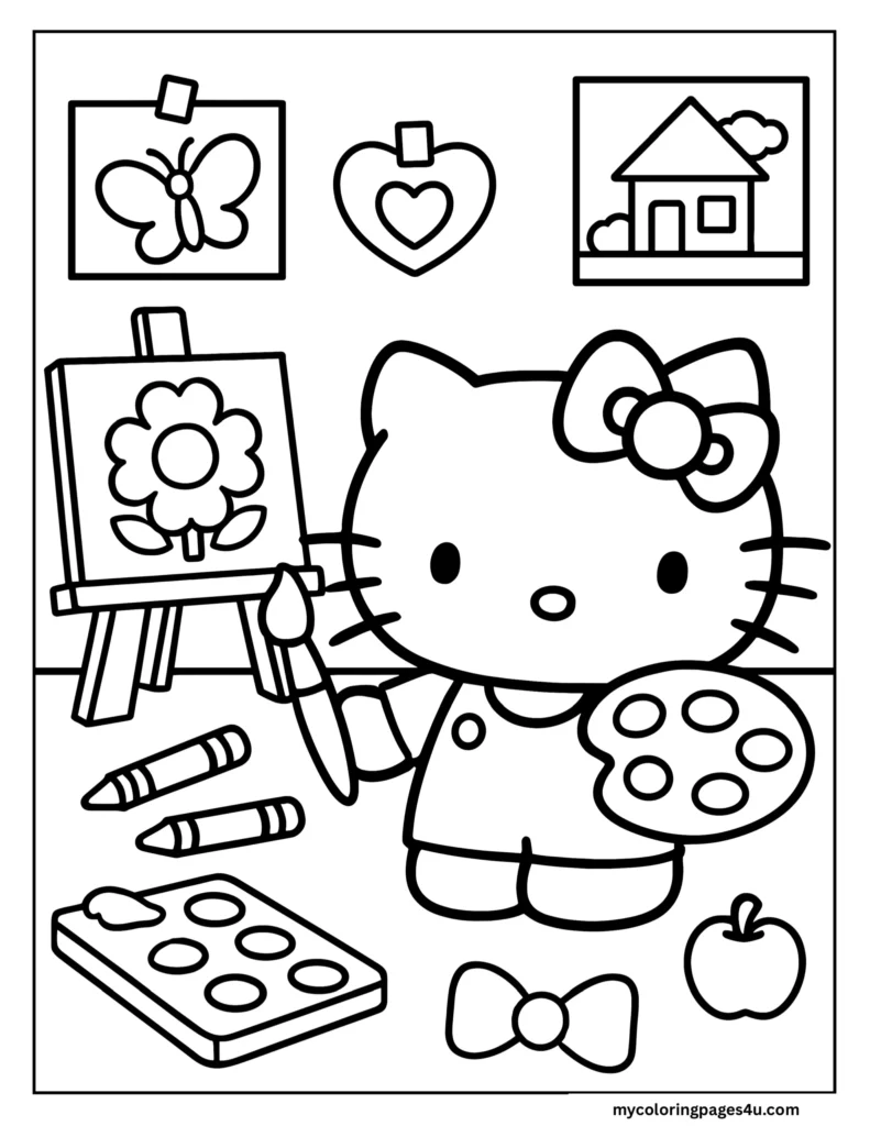 Hello Kitty Painting A Flower Coloring Page