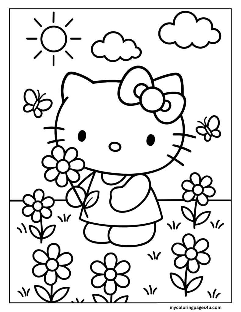 Hello Kitty Picking Flowers Coloring Page