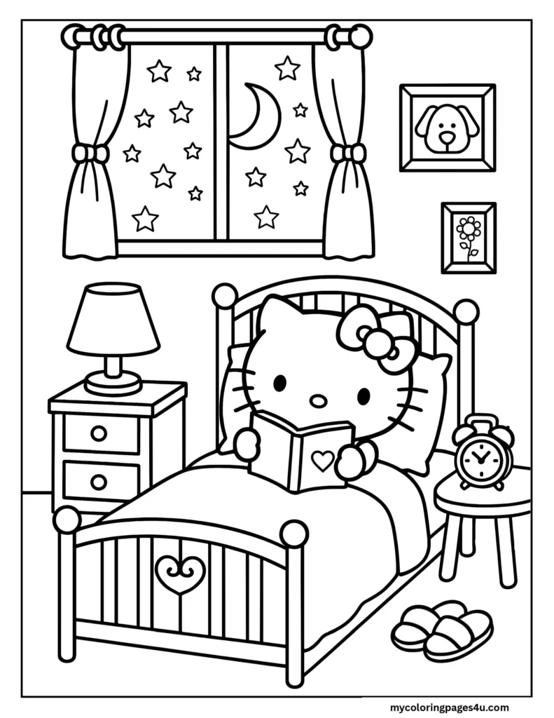 Hello Kitty Reading In Bed Coloring Page