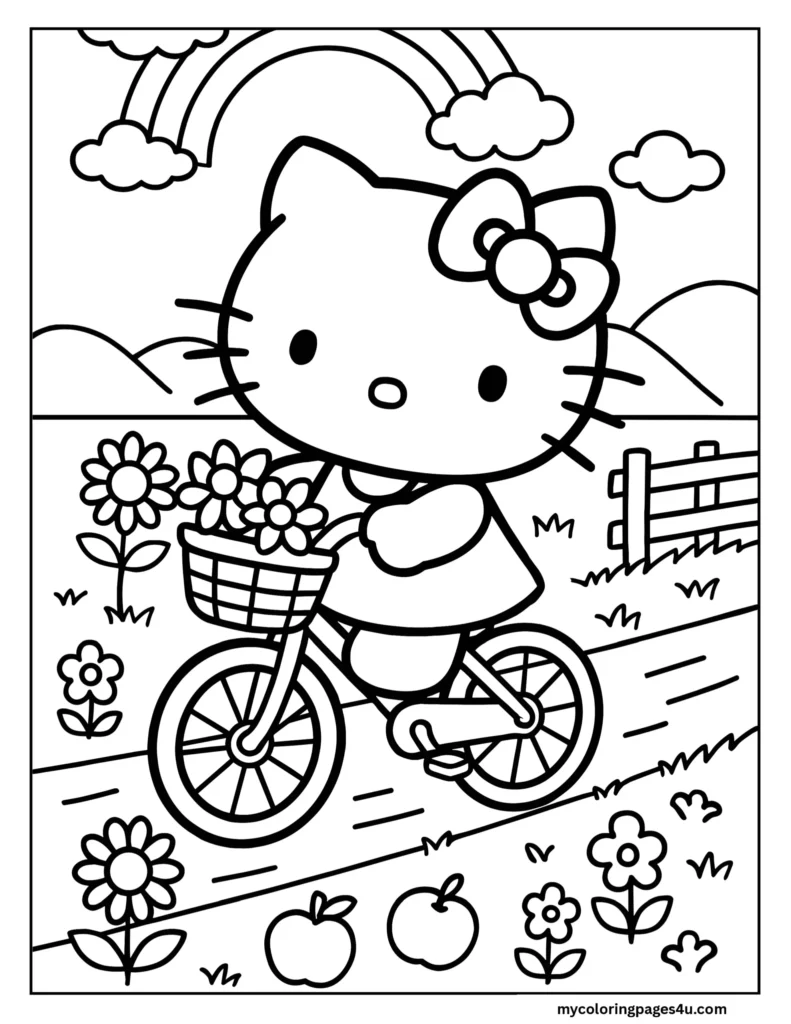 Hello Kitty Riding A Bike Coloring Page