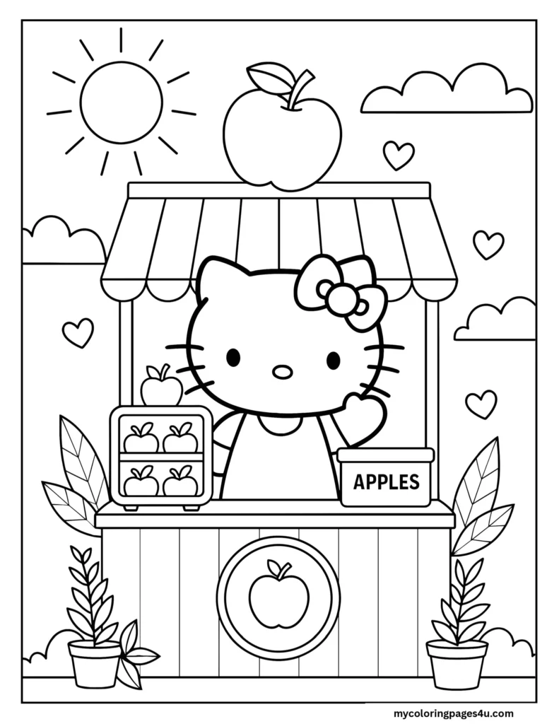 Hello Kitty Selling Apples Coloring Page