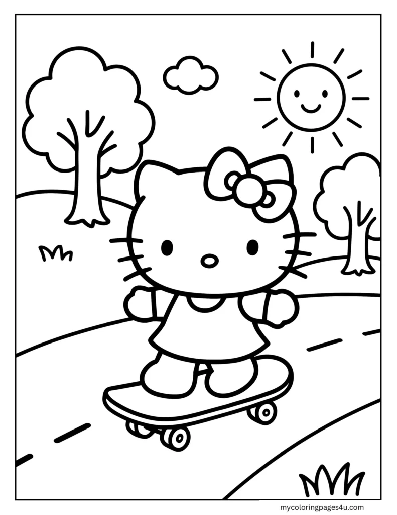 Hello Kitty Skateboarding Coloring Page