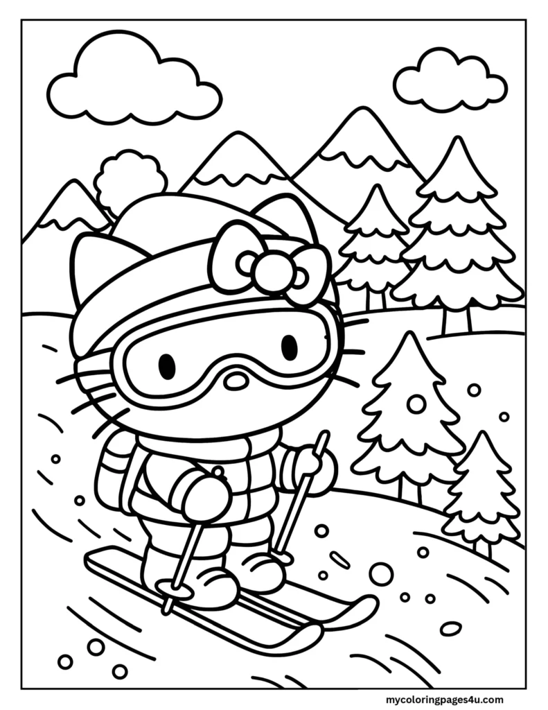 Hello Kitty Skiing Coloring Page