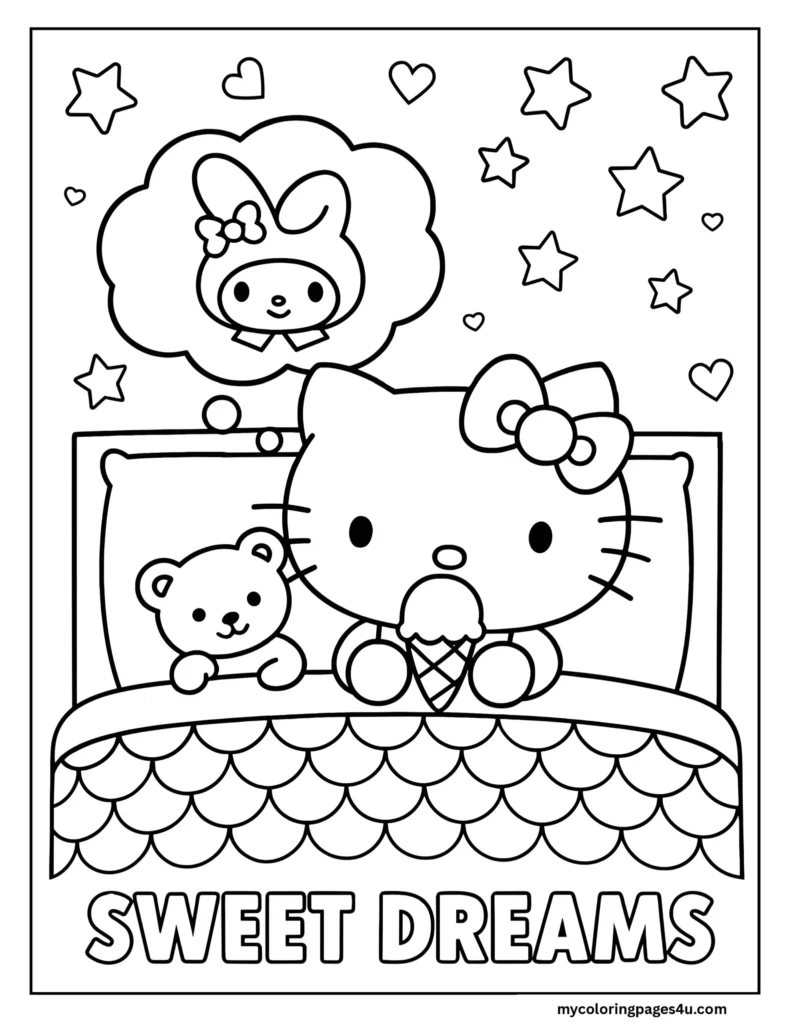 Cozy Hello Kitty sweet dreams coloring page for bedtime fun.