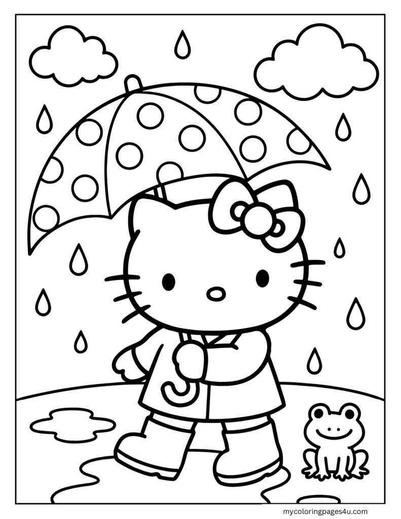 Hello Kitty Walking In The Rain Coloring Page
