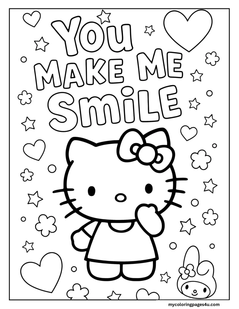 Adorable Hello Kitty "You Make Me Smile" coloring page.