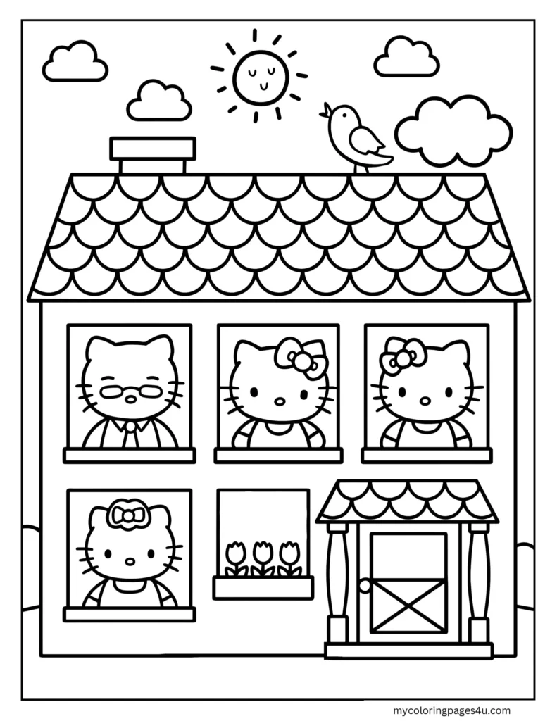 The Hello Kitty Family In Their Home Coloring Page