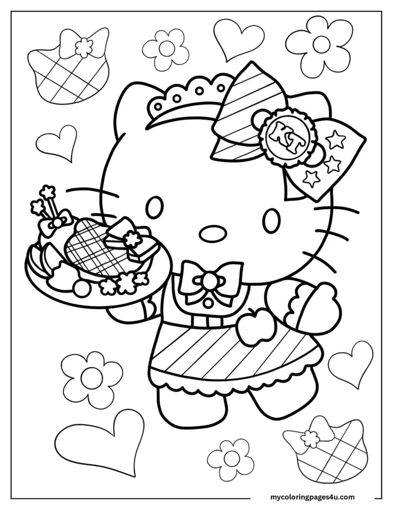 Waitress Hello Kitty Serving Cake Coloring Sheet